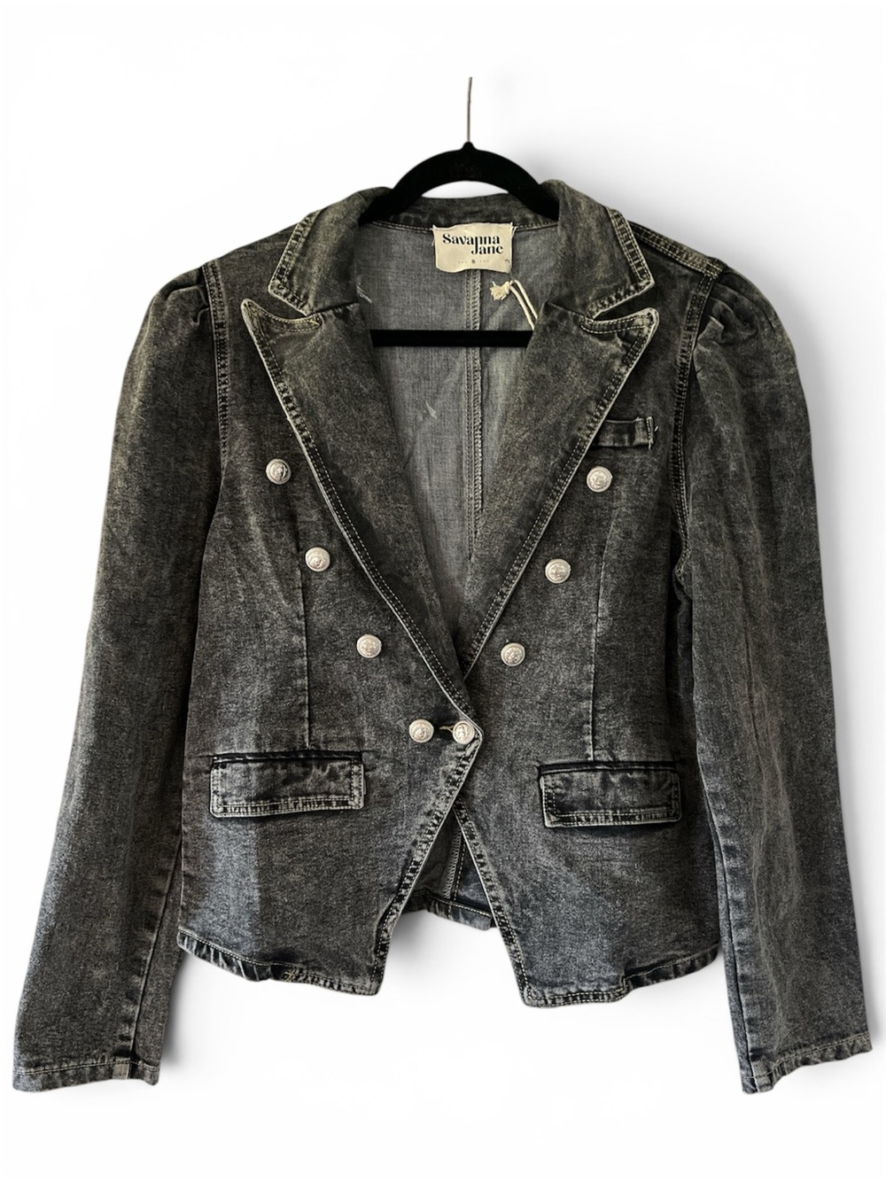 Savanna Jane Washed Black Double-Breasted Denim Blazer